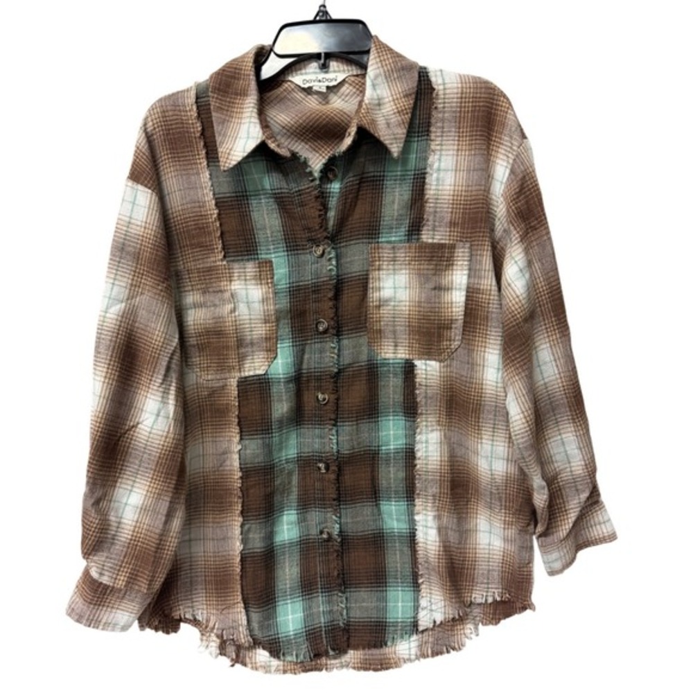 Davi‎ & Dani Flannel Grunge Patchwork Plaid Shacket Oversized Distressed Small